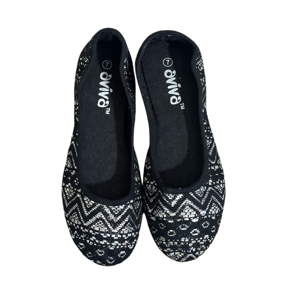 Aviva Black Silver Lace Ballet Flats Round Toe Slip On Shoes Women's Size 7‎